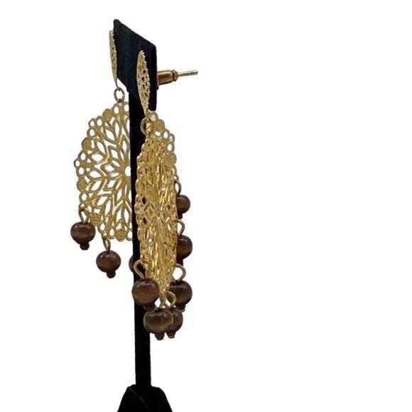 Gold Filigree Statement Earrings with Bead Drops - Picture 3 of 7